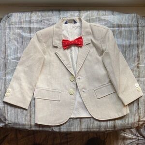 Vintage Nursery Rhyme Beige & White Pinstripe Blazer with Red Polka Dot Bow Tie